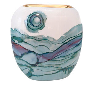 Pottery Watercolor Vase Luster Ware Gold Rim Abstract Ceramic Green Oval Narrow